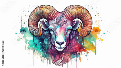 illustration of a sheep with horns, ares symbol with rainbow pastel colors, generative ai