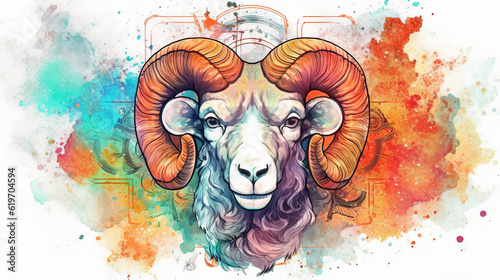 illustration of a sheep with horns, ares symbol with rainbow pastel colors, generative ai