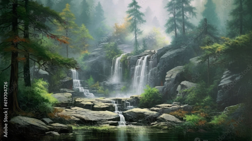 Obraz premium waterfall in the mountains, waterfall in summer pine fog forest, generative ai