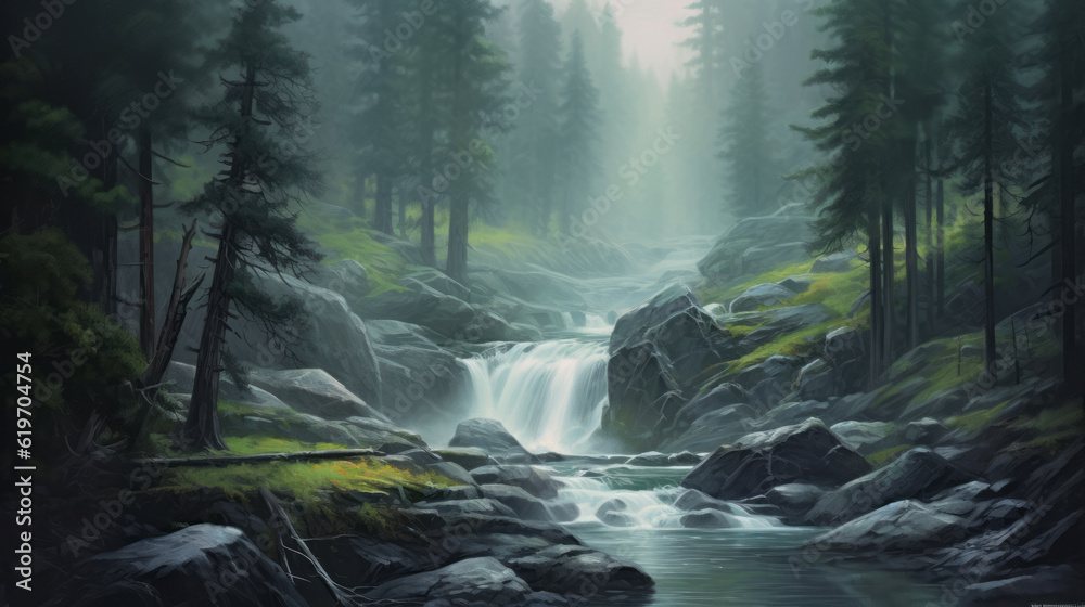 waterfall in the mountains, waterfall in summer pine fog forest, generative ai