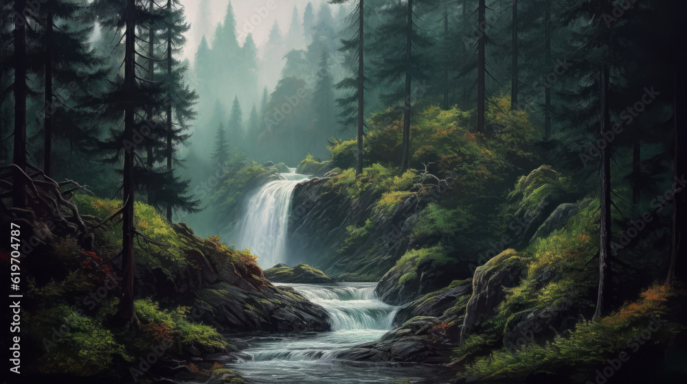 Fototapeta premium waterfall in the mountains, waterfall in summer pine fog forest, generative ai
