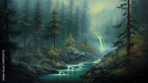 waterfall in the mountains, waterfall in summer pine fog forest, generative ai © TheGoldTiger