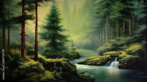 waterfall in the mountains  waterfall in summer pine fog forest  generative ai