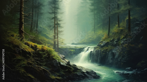 waterfall in the mountains  waterfall in summer pine fog forest  generative ai