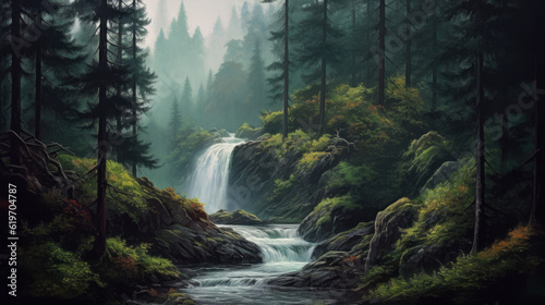 waterfall in the mountains, waterfall in summer pine fog forest, generative ai © TheGoldTiger