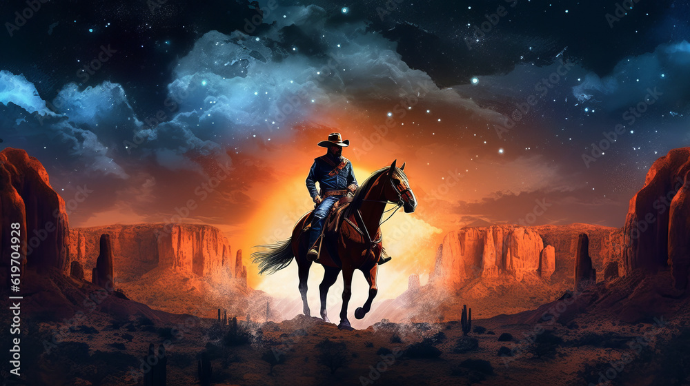 sunset in the mountains, western cowboy riding his horse at sunset with stars, generative ai