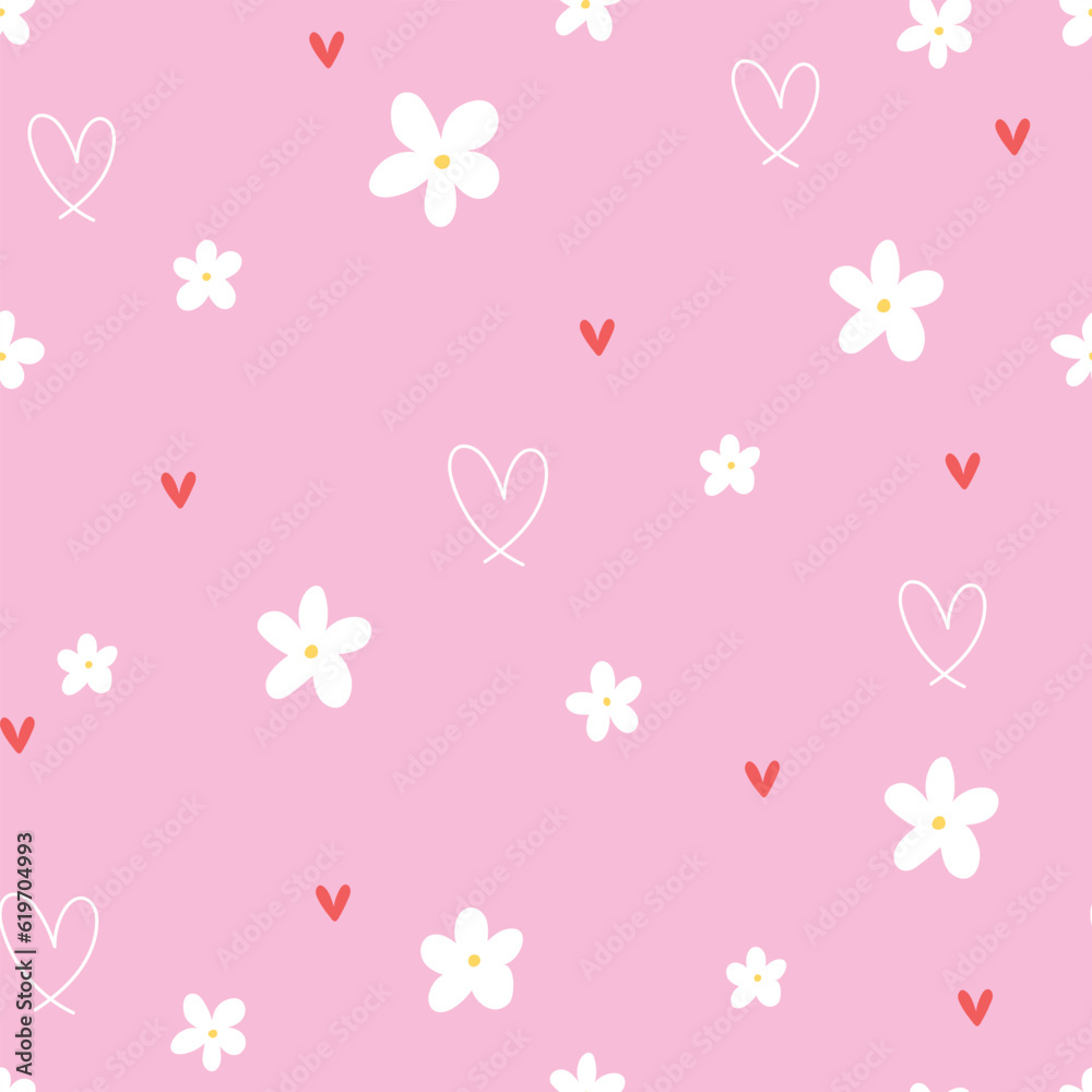 Seamless pattern with white flowers, red and white hearts on pink background. Vector illustration.