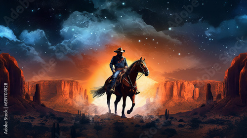 sunset in the mountains, western cowboy riding his horse at sunset with stars, generative ai © TheGoldTiger