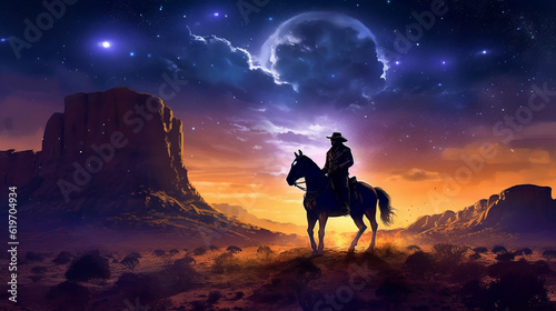 sunset in the mountains, western cowboy riding his horse at sunset with stars, generative ai © TheGoldTiger