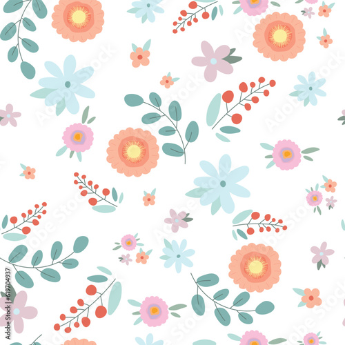 Seamless pattern with pastel flowers  leaves and berries on white background. Vector illustration.