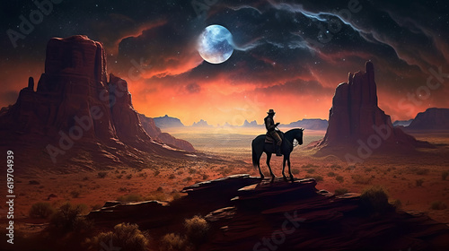 sunset in the mountains, western cowboy riding his horse at sunset with stars, generative ai