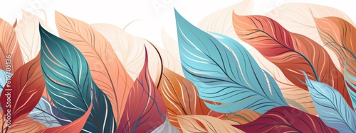 Abstract floral organic leaf texture wallpaper banner illustration - Art orange, red, blue leaves print pattern background (Generative Ai)
