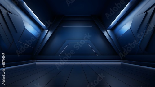 Empty geometrical Room in Indigo Colors with beautiful Lighting. Futuristic Background for Product Presentation.