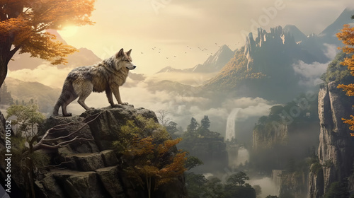 Wolf in asian landscape, generative ai © TheGoldTiger