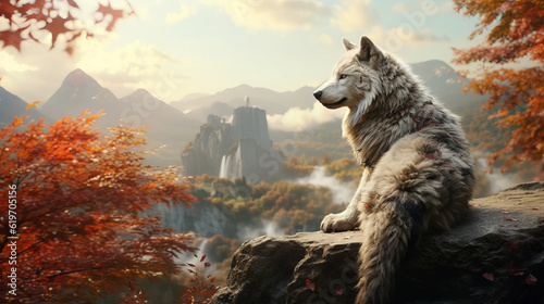 Wolf in asian landscape  generative ai