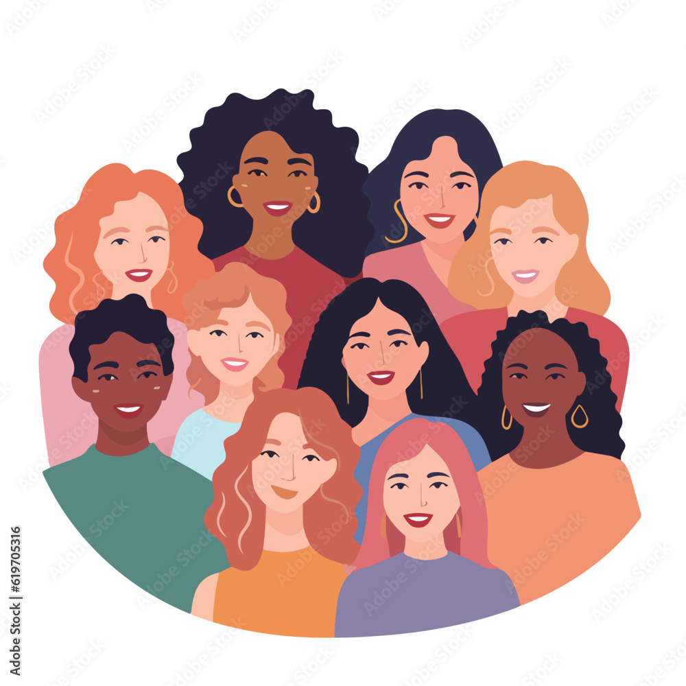 Beautiful diverse women, girls, isolated on white. Flat style vector illustration. Female cartoon characters set.Feminism, gender equality concept Beautiful diverse women, girls, isolated on white. Flat style vector illustration. Female cartoon characters set.Feminism, gender equality concept