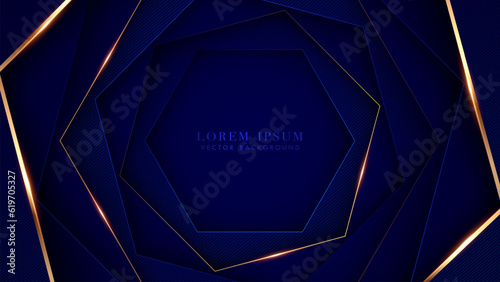 Abstract hexagon blue shape with golden lines and glowing effect decoration on dark blue background. Luxury style vector design