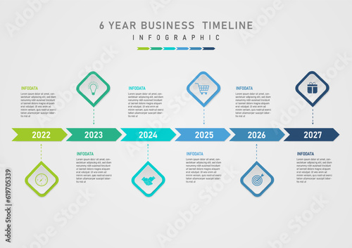 simple infographic template business timeline 6 years multi colored arrows with numbers in the center acute angled squares icons in the center and letters on the sides gray gradient background