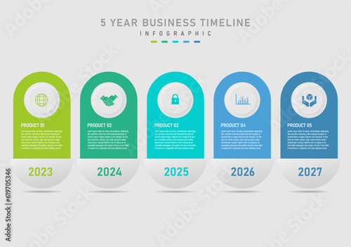 infographic timeline 5 years multi colored rounded squares A gray button above with a white lettered icon on a colored background in the middle below with the year number. gray gradient background 