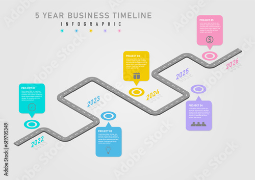 3D business infographic timeline 5 years road center circle with multicolored squares center letters and icons. Isometric year numbers and shadows.gray gradient background design for  product, project