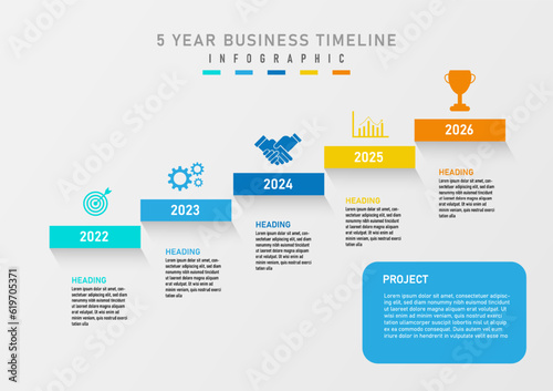 Business infographic template timeline 5 years square multi color Numbers in the center, top color icons, letters below the square frame and bottom right corner letters, gray gradient background.