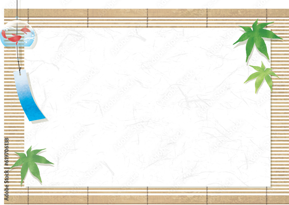 すだれと風鈴と青紅葉と和紙のフレーム Stock Vector | Adobe Stock