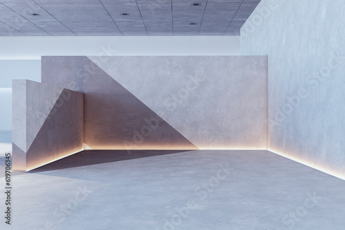 Bright concrete exhibition hall interior with sunlight and shadows. Museum and art concept. 3D Rendering.