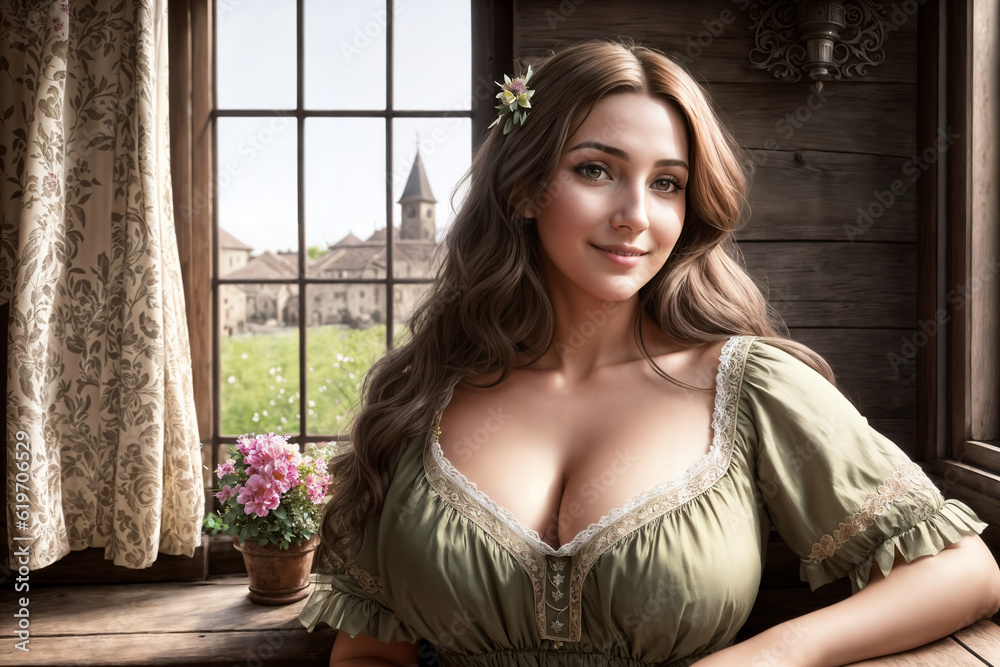 Portrait of a beautiful woman at the window in the room of a village house. Generative AI. Portrait of a beautiful woman at the window in the room of a village house. Generative AI.