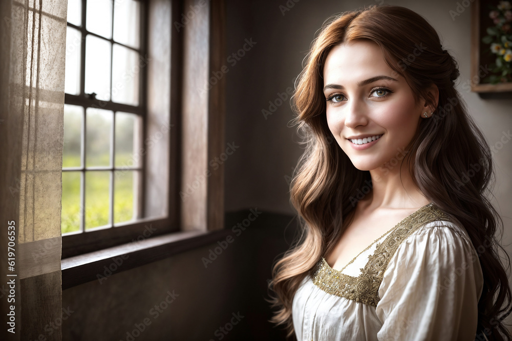 Portrait of a beautiful woman at the window in the room of a village house. Generative AI. Portrait of a beautiful woman at the window in the room of a village house. Generative AI.