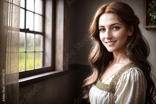 Portrait of a beautiful woman at the window in the room of a village house. Generative AI. Free Download Portrait of a beautiful woman at the window in the room of a village house. Generative AI. - GFXLoad