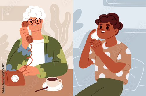 Boy kid calling grandma. Child talking with granny on phone. Happy grandkid speaking, telling smth grandmother on telephone. Different generation communication concept. Flat vector illustration