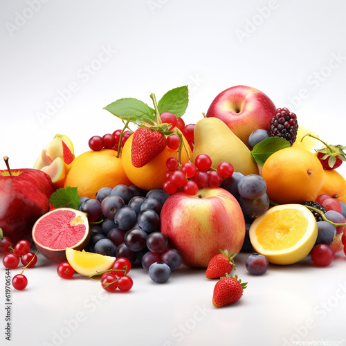 Different colorful summer fruits, apples, oranges, strawberries, blueberries, on a white background, Generative AI, generative artificial intelligence