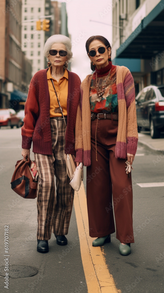 Fashionable grey-haired elderly women pensioners in sunglasses on the street of the city, generated by AI Fashionable grey-haired elderly women pensioners in sunglasses on the street of the city, generated by AI
