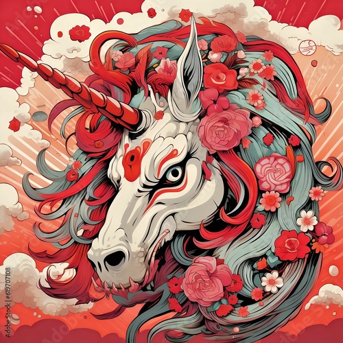 Using psychedelic Red and White  create a bold  graphic illustration of a Fantastical Unicorn   Generative AI