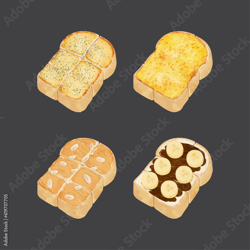 Set of watercolor sweet and savory toast vector illustration
