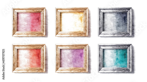 Set of frames painted with watercolors with empty copy-space inside. Collection isolated on transparent white background