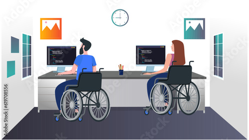 Young disabled boy and girl in wheelchair are working in the computer at the office. Flat vector illustration.