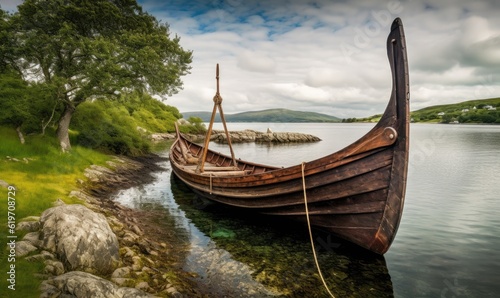 The Vikings' mighty longship moored on the sandy shore Creating using generative AI tools