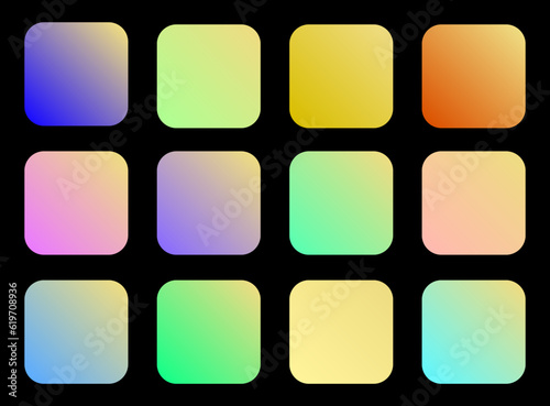 Colorful Flax Color Shade Linear Gradient Palette Swatches Web Kit Rounded Squares Template Set.