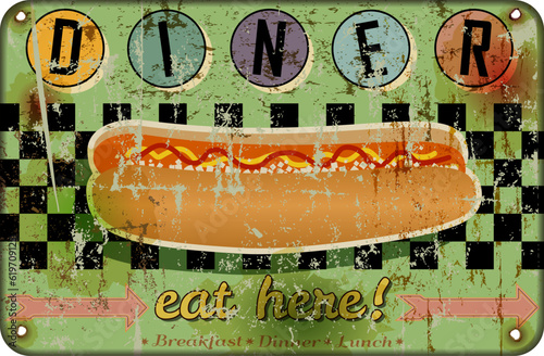 retro american diner sign with hot dog, fast food vintage sign concept, worn and weathered, vector eps