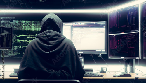 Hacker sitting in front of computers, breaching into various systems, cybersecurity, breaking security measures, Generative AI.
