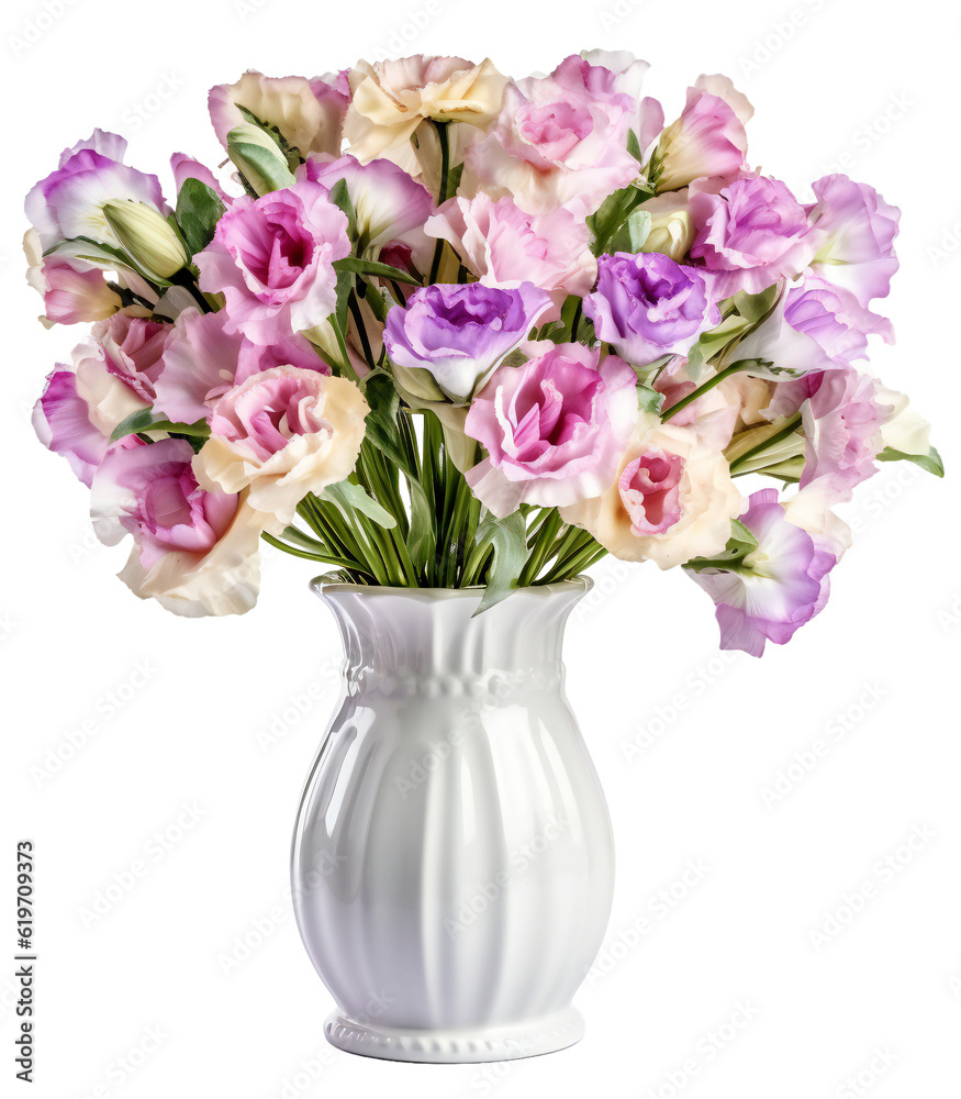 Colorful, large bouquet of eustoma in a white ceramic vase. A bouquet of beautiful and delicate flowers isolated on a transparent background. KI. Colorful, large bouquet of eustoma in a white ceramic vase. A bouquet of beautiful and delicate flowers isolated on a transparent background. KI.