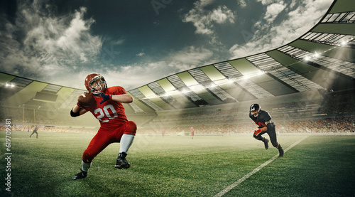 Dynamic image of sportsmen  american football players in uniform  in motion during game running at 3D stadium with ball. Concept of professional sport  competition  match  action  energy  hobby  ad