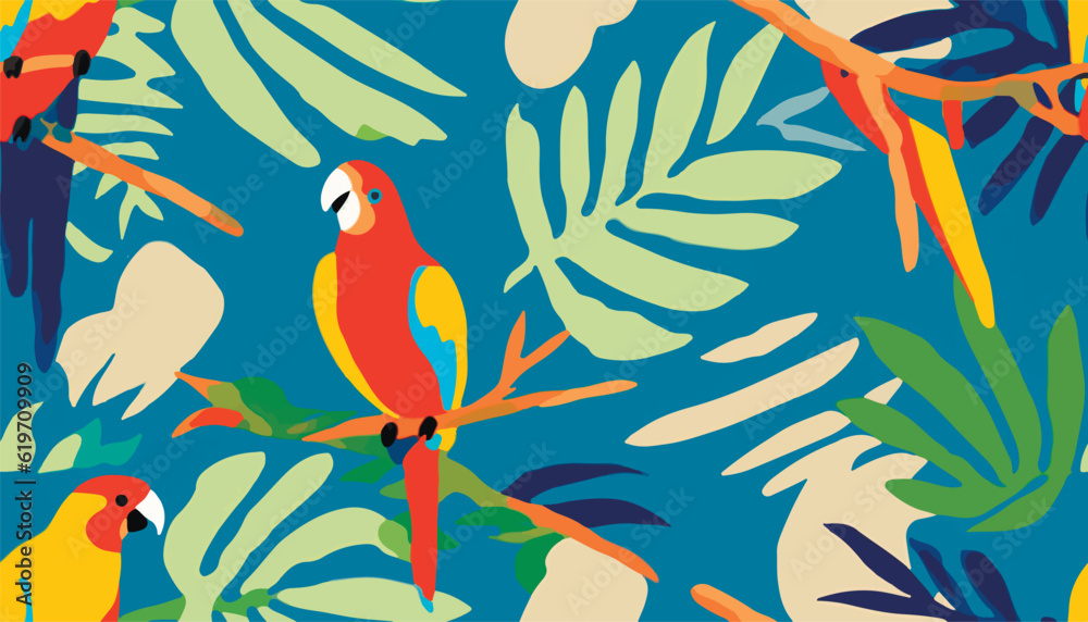 Naklejka premium Abstract artistic print with various leaves and parrots. Modern hand drawn collage contemporary seamless pattern.