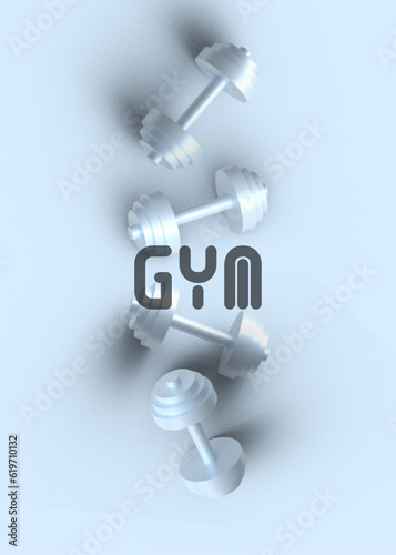 Banner with barbells dumbbells fitness realistic three-dimensional composition, crossfit logo