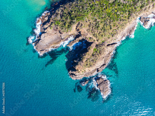aerial panorama of beautiful coast of noosa national park; unique sandy beaches, cliffs and little bays with turquoise water near sunshine coast in south east queensland, australia 