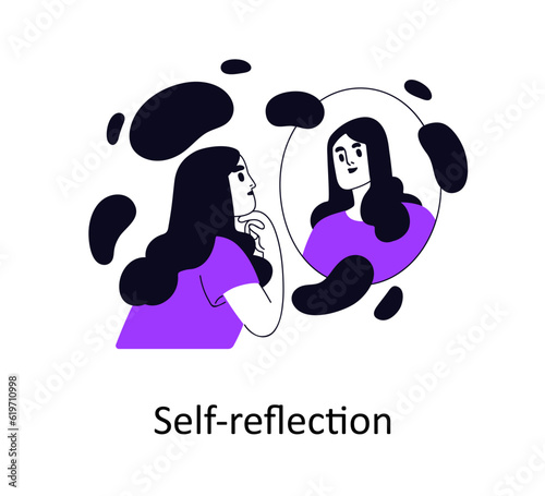 Self-reflection, analysis, mental health and psychology concept. Person reflecting, thinking in front of mirror. Reflective thoughtful woman. Flat vector illustration isolated on white background