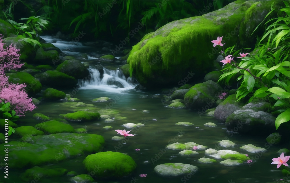 Fototapeta premium A river in forest with many plants, Generative AI Illustration.