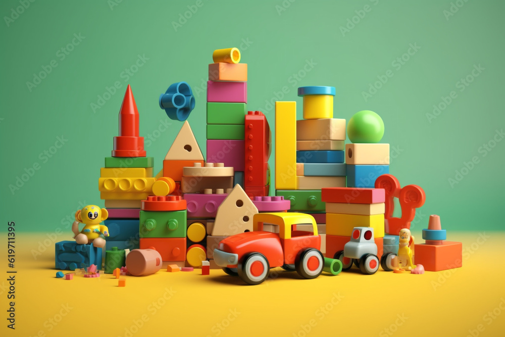 various children's toys rendering minimal background - obrazy, fototapety, plakaty 