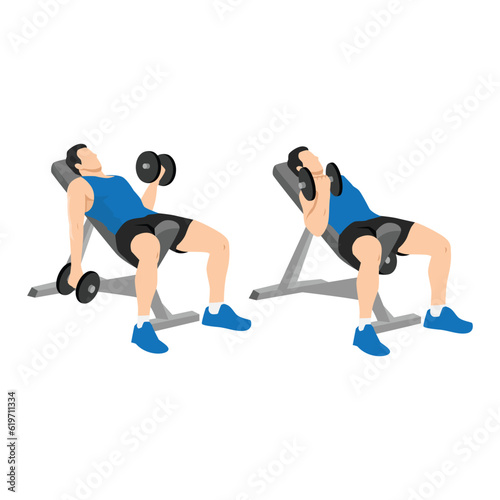 Man doing Seated alternating incline bench dumbbell curls exercise. Flat vector illustration isolated on white background